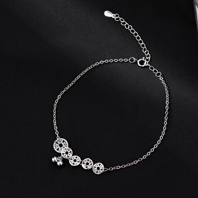 925 Sterling Silver Turquoise and Copper Coin Ritual Bell Charm Anklet