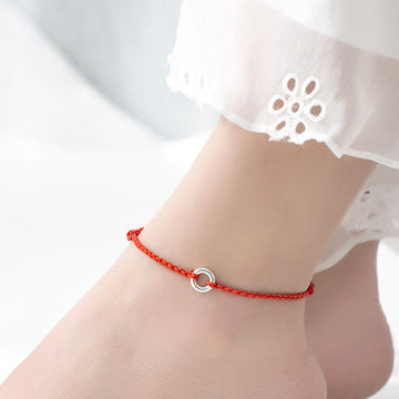925 Sterling Silver Ping An Kou Peace Buckle Hand-Braided Red String Cord Anklet