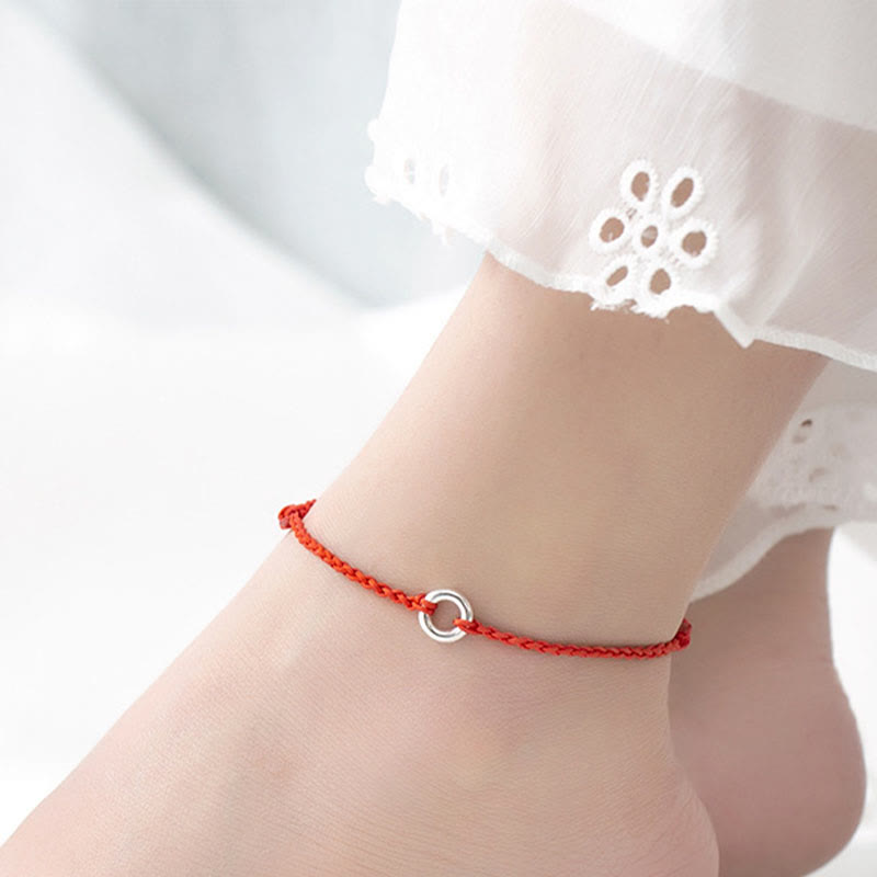 925 Sterling Silver Ping An Kou Peace Buckle Hand-Braided Red String Cord Anklet