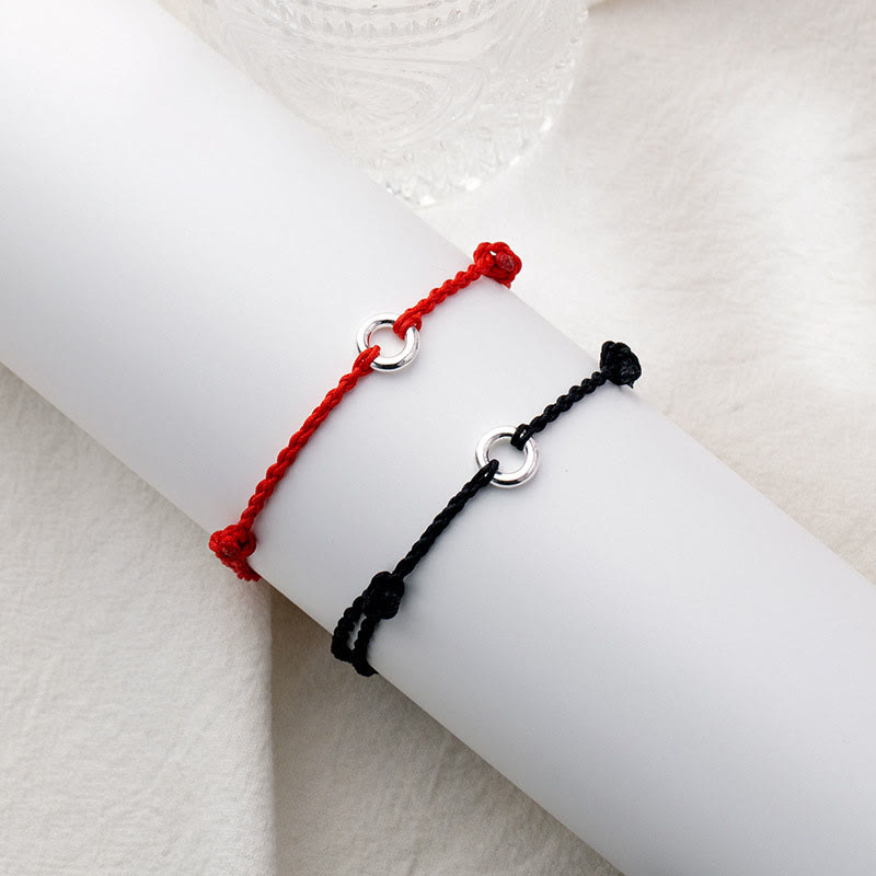 925 Sterling Silver Ping An Kou Peace Buckle Hand-Braided Red String Cord Anklet