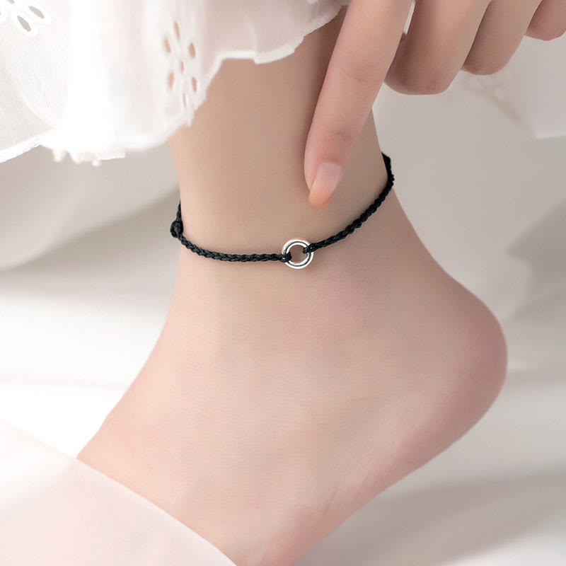 925 Sterling Silver Ping An Kou Peace Buckle Hand-Braided Red String Cord Anklet