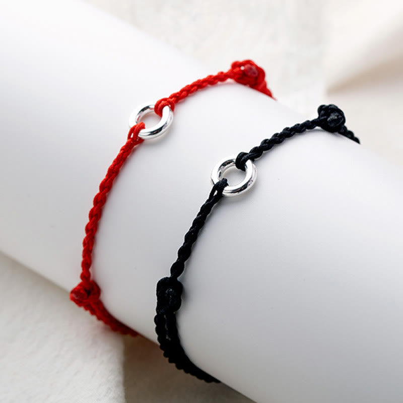 925 Sterling Silver Ping An Kou Peace Buckle Hand-Braided Red String Cord Anklet