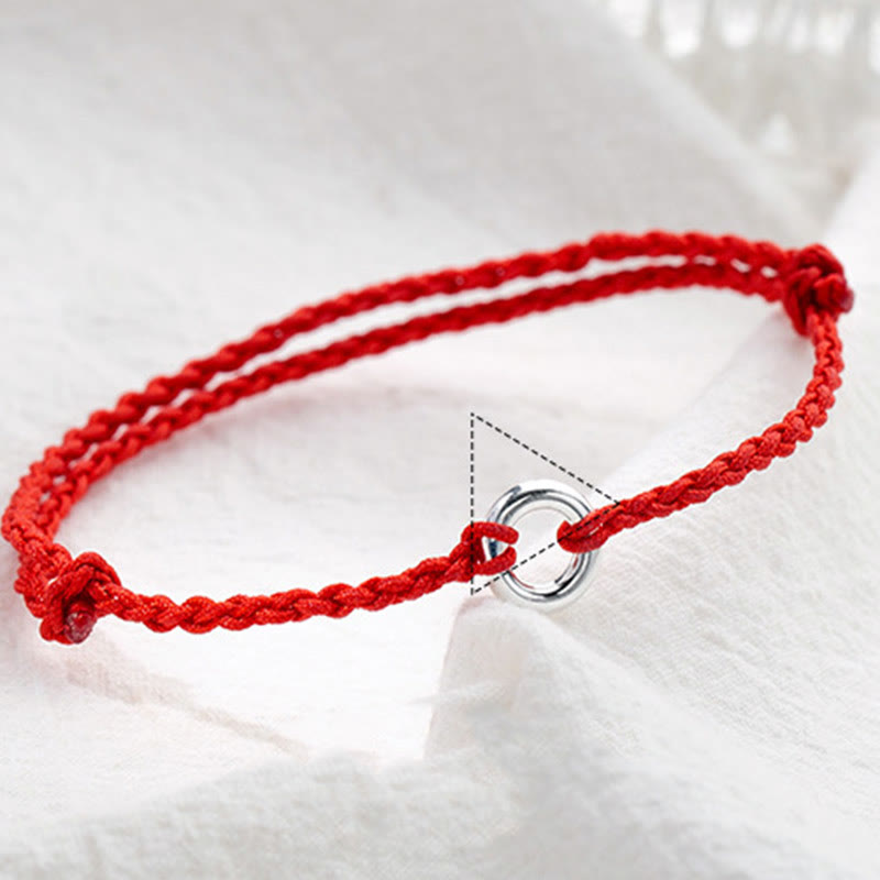 925 Sterling Silver Ping An Kou Peace Buckle Hand-Braided Red String Cord Anklet