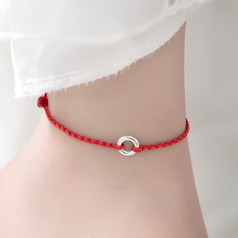 925 Sterling Silver Ping An Kou Peace Buckle Hand-Braided Red String Cord Anklet