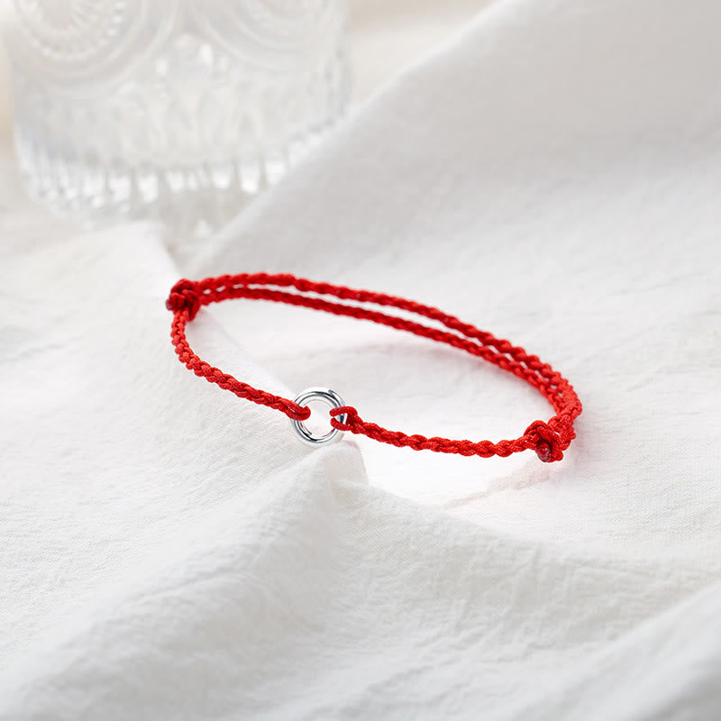 925 Sterling Silver Ping An Kou Peace Buckle Hand-Braided Red String Cord Anklet