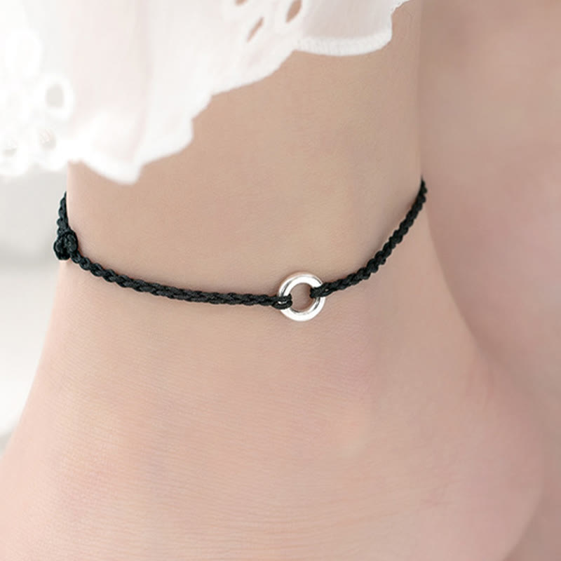 925 Sterling Silver Ping An Kou Peace Buckle Hand-Braided Red String Cord Anklet