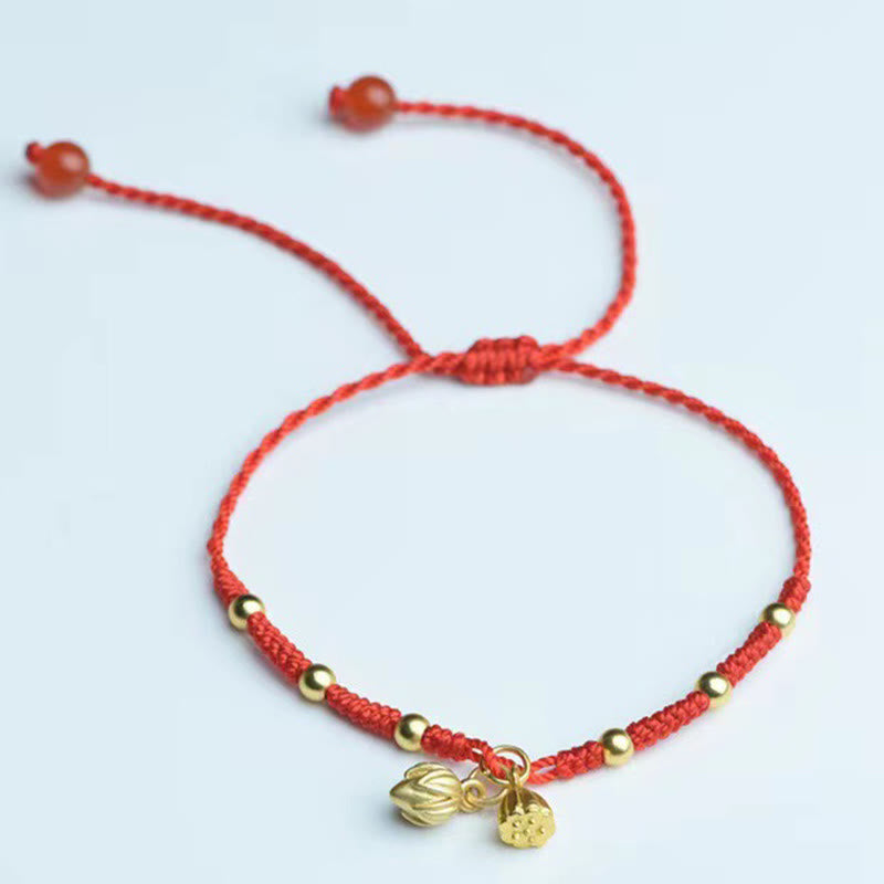 Braided Lotus Pod Charm Red String Cord Anklet