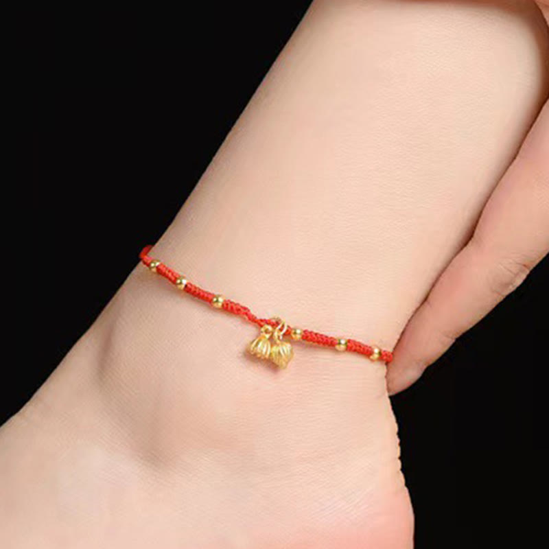 Braided Lotus Pod Charm Red String Cord Anklet