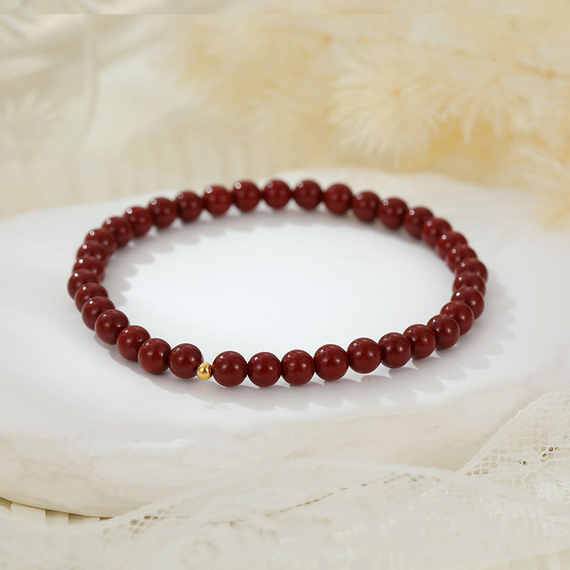 925 Sterling Silver & Cinnabar 6mm Beaded Energy Anklet with Gold Accent