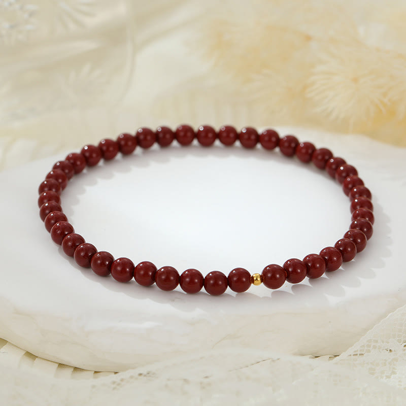 925 Sterling Silver & Cinnabar 6mm Beaded Energy Anklet with Gold Accent