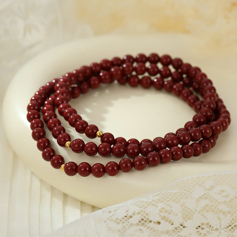925 Sterling Silver & Cinnabar 6mm Beaded Energy Anklet with Gold Accent