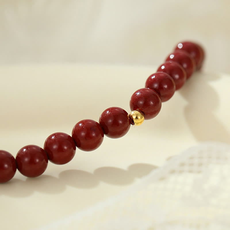 925 Sterling Silver & Cinnabar 6mm Beaded Energy Anklet with Gold Accent