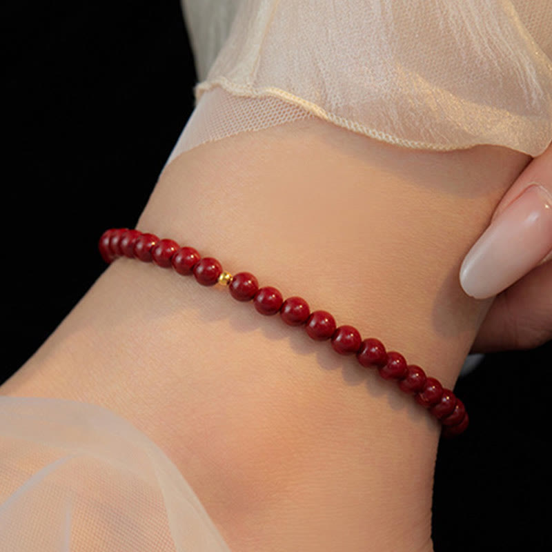 925 Sterling Silver & Cinnabar 6mm Beaded Energy Anklet with Gold Accent