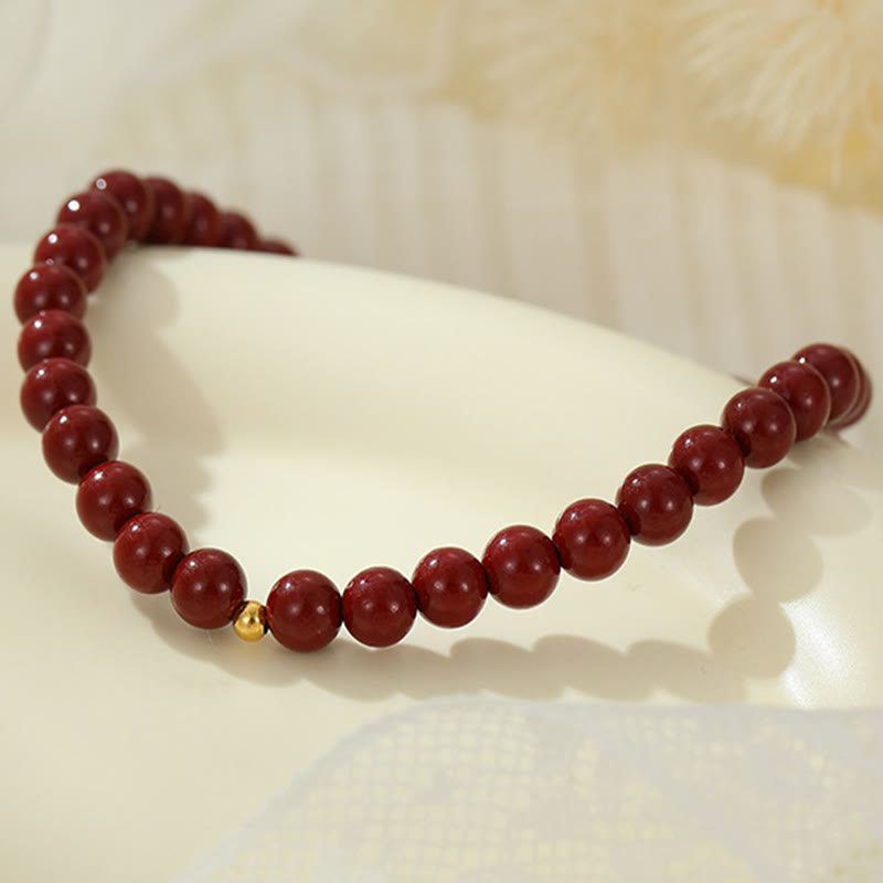 925 Sterling Silver & Cinnabar 6mm Beaded Energy Anklet with Gold Accent