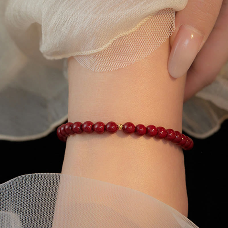 925 Sterling Silver & Cinnabar 6mm Beaded Energy Anklet with Gold Accent