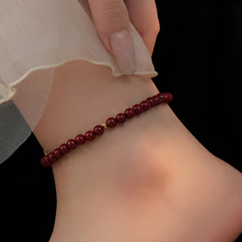 925 Sterling Silver & Cinnabar 6mm Beaded Energy Anklet with Gold Accent