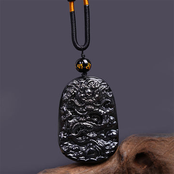 Black Obsidian Dragon Carved Luck Protection Necklace Pendant