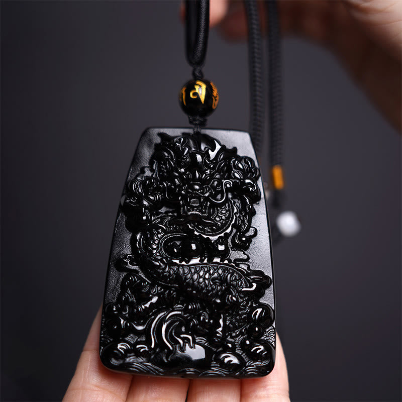 Black Obsidian Dragon Carved Luck Protection Necklace Pendant
