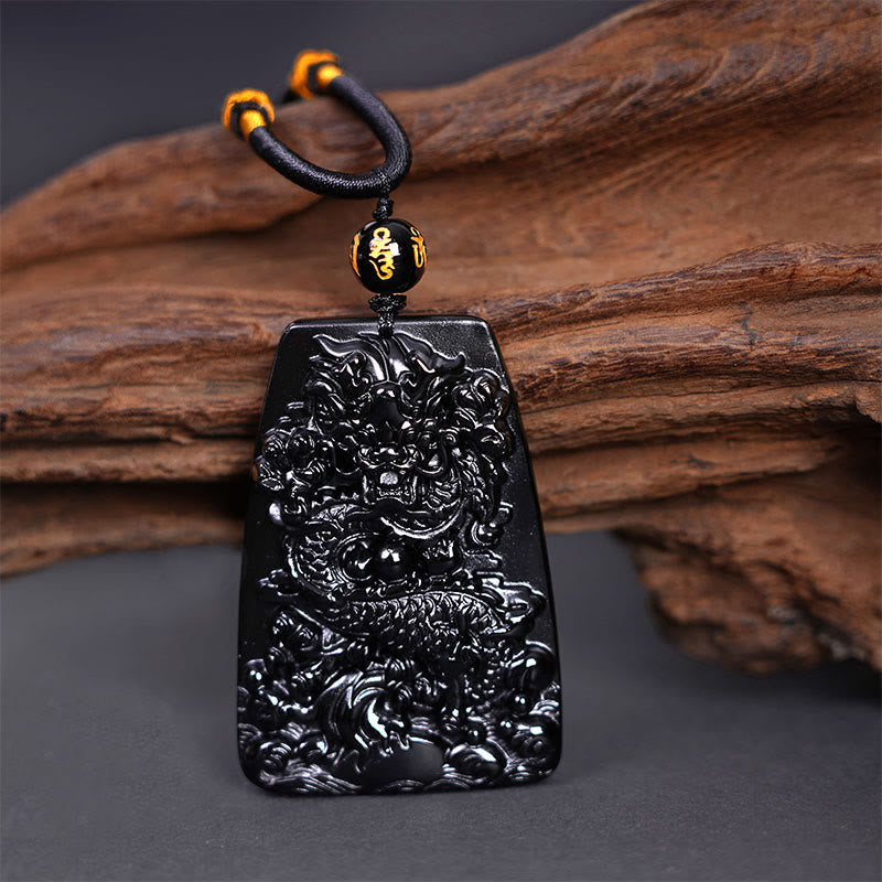 Black Obsidian Dragon Carved Luck Protection Necklace Pendant
