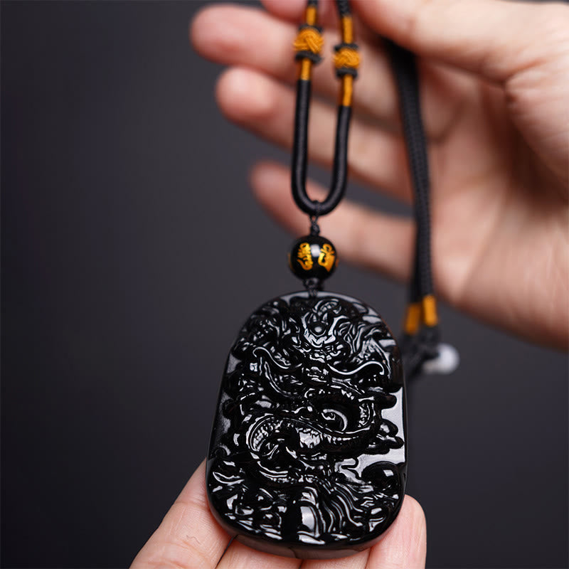 Black Obsidian Dragon Carved Luck Protection Necklace Pendant
