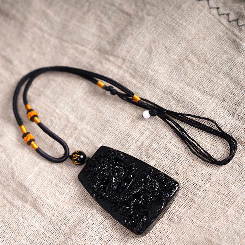 Black Obsidian Dragon Carved Luck Protection Necklace Pendant
