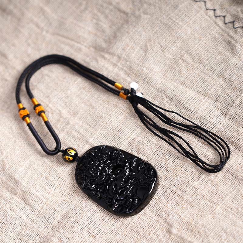 Black Obsidian Dragon Carved Luck Protection Necklace Pendant