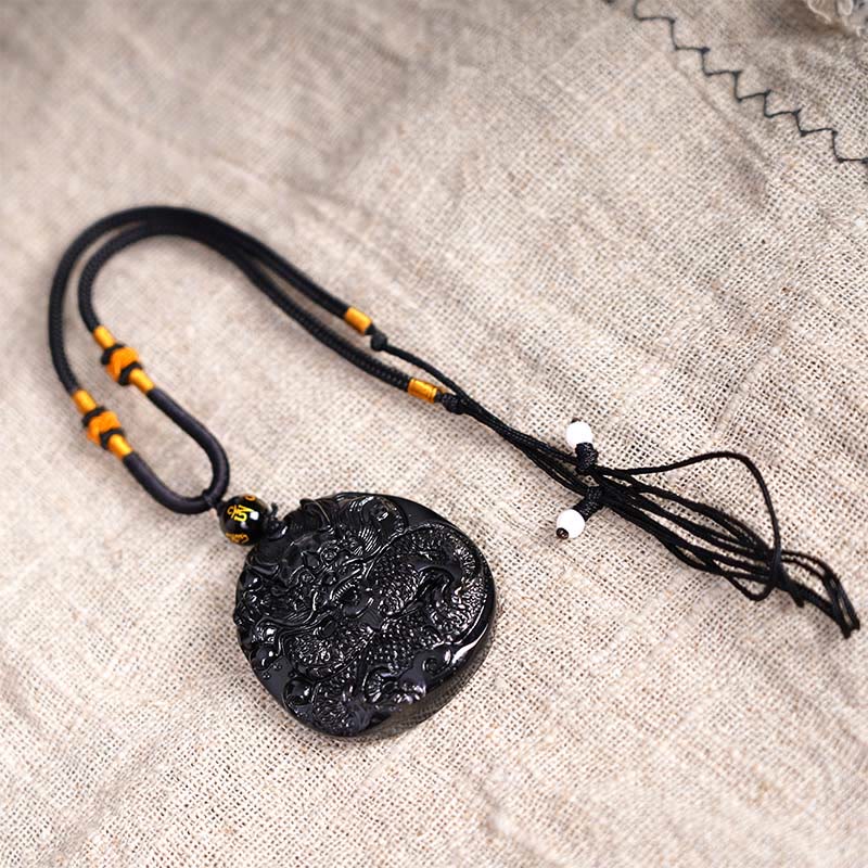 Natural Black Obsidian Round Dragon Carved Protection Necklace Pendant