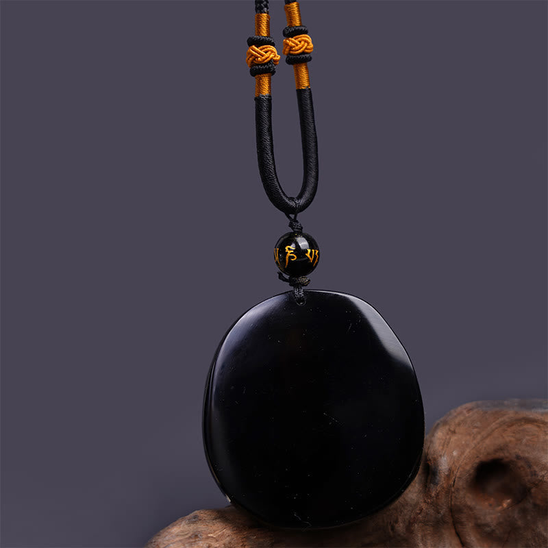 Natural Black Obsidian Round Dragon Carved Protection Necklace Pendant