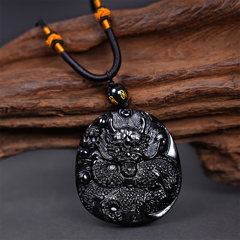 Natural Black Obsidian Round Dragon Carved Protection Necklace Pendant