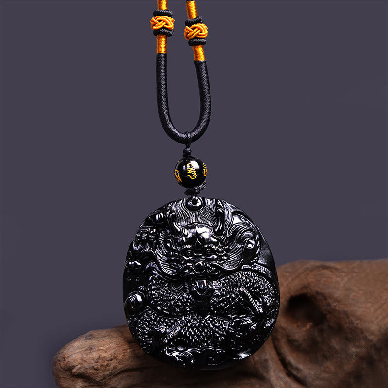 Natural Black Obsidian Round Dragon Carved Protection Necklace Pendant