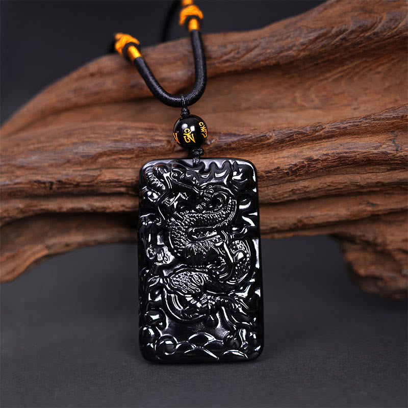 Natural Black Obsidian Rectangular Dragon Engraved Success Necklace Pendant