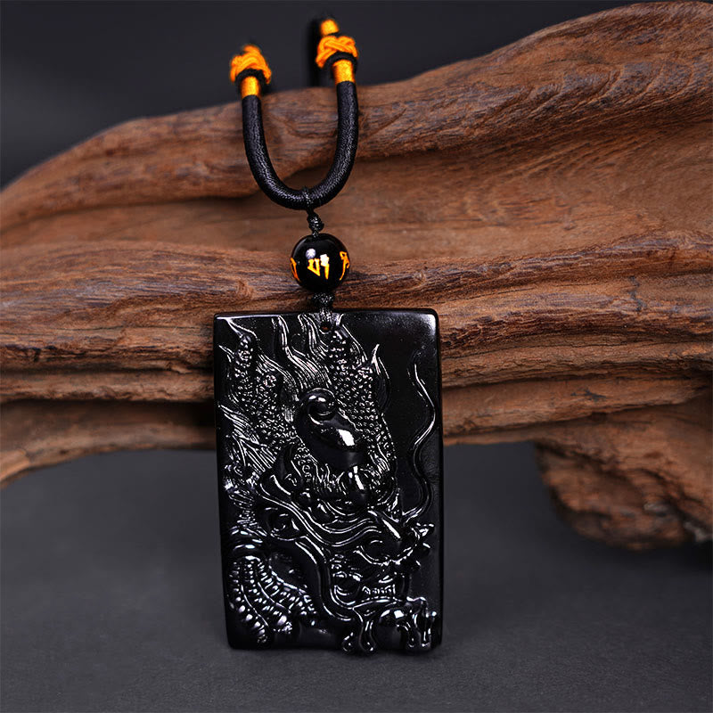 Natural Black Obsidian Rectangular Dragon Engraved Success Necklace Pendant