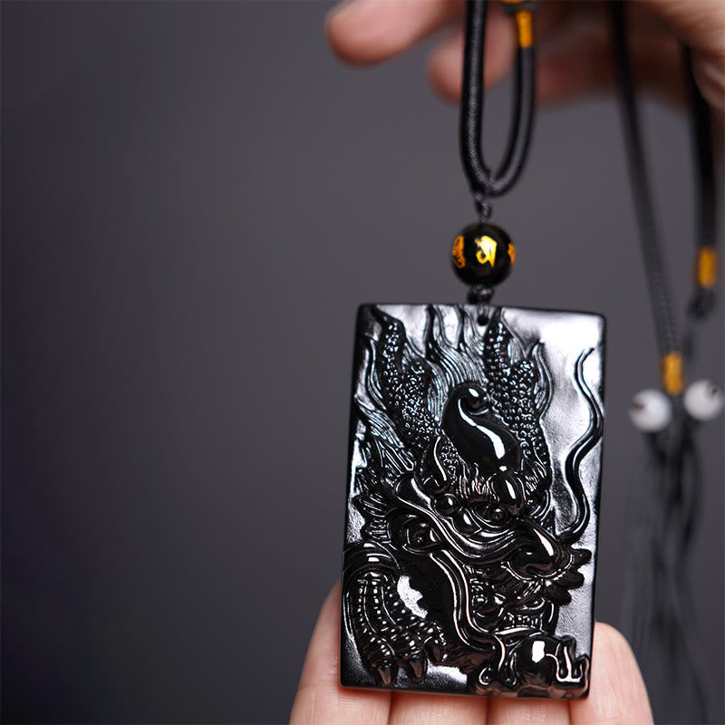 Natural Black Obsidian Rectangular Dragon Engraved Success Necklace Pendant
