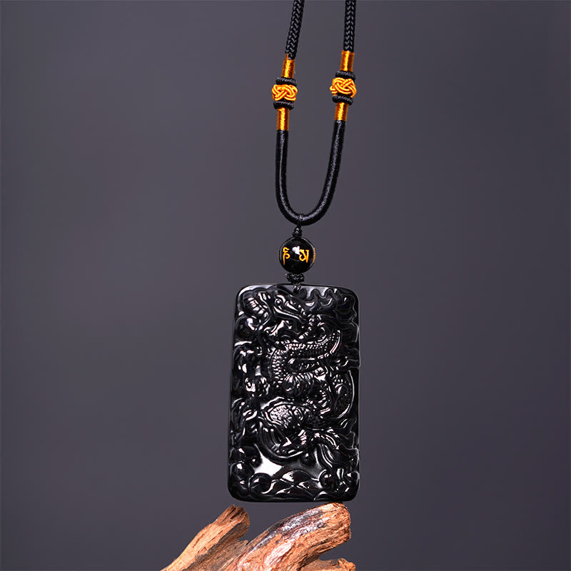 Natural Black Obsidian Rectangular Dragon Engraved Success Necklace Pendant