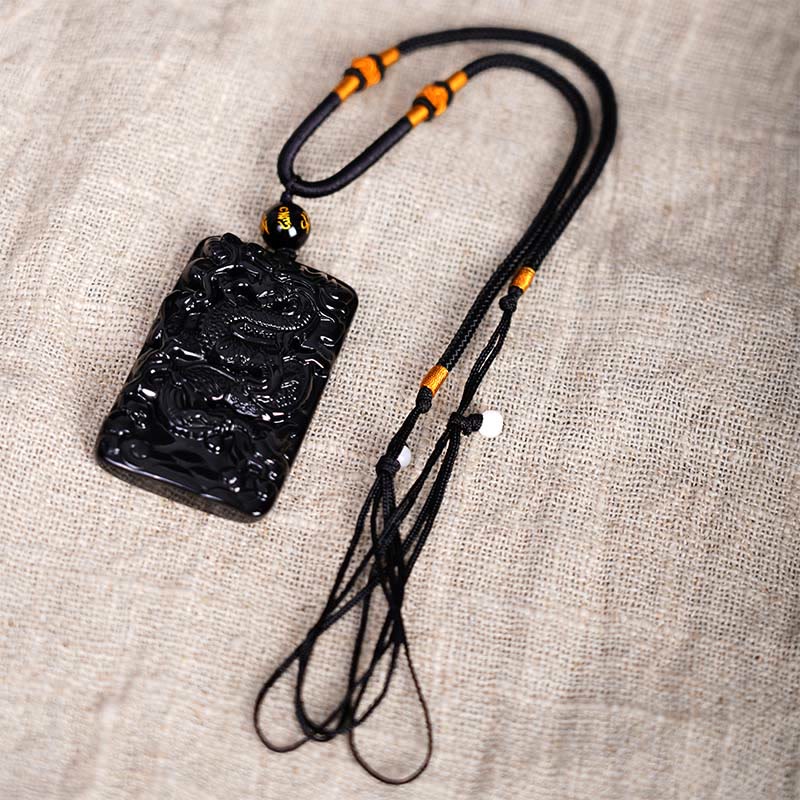 Natural Black Obsidian Rectangular Dragon Engraved Success Necklace Pendant
