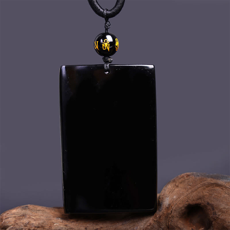 Natural Black Obsidian Rectangular Dragon Engraved Success Necklace Pendant