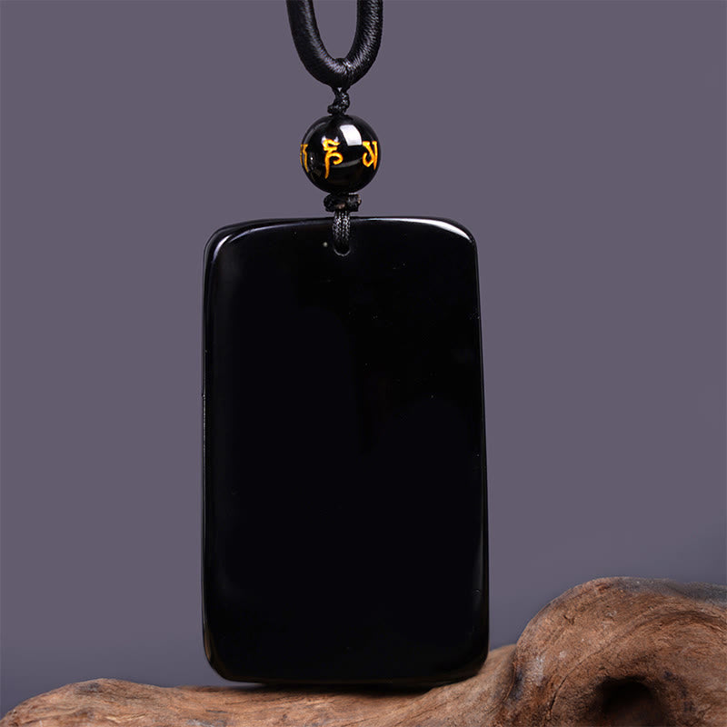 Natural Black Obsidian Rectangular Dragon Engraved Success Necklace Pendant