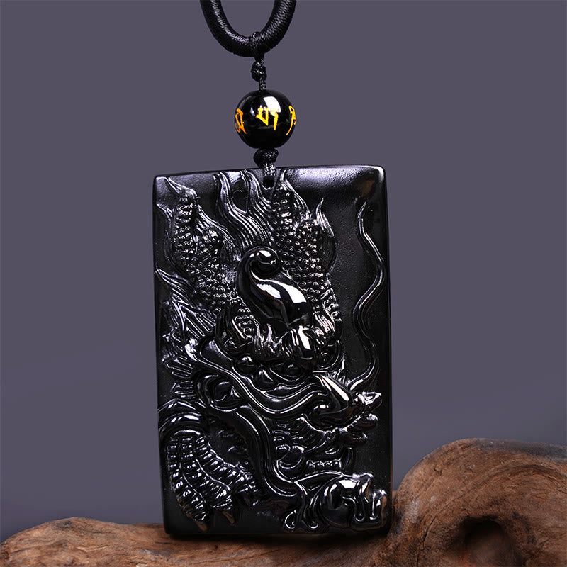 Natural Black Obsidian Rectangular Dragon Engraved Success Necklace Pendant