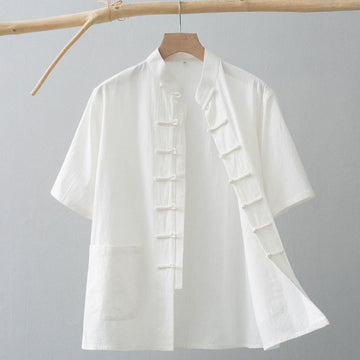 Tactile Cotton Linen Stand Collar Frog Button Meditation Shirt