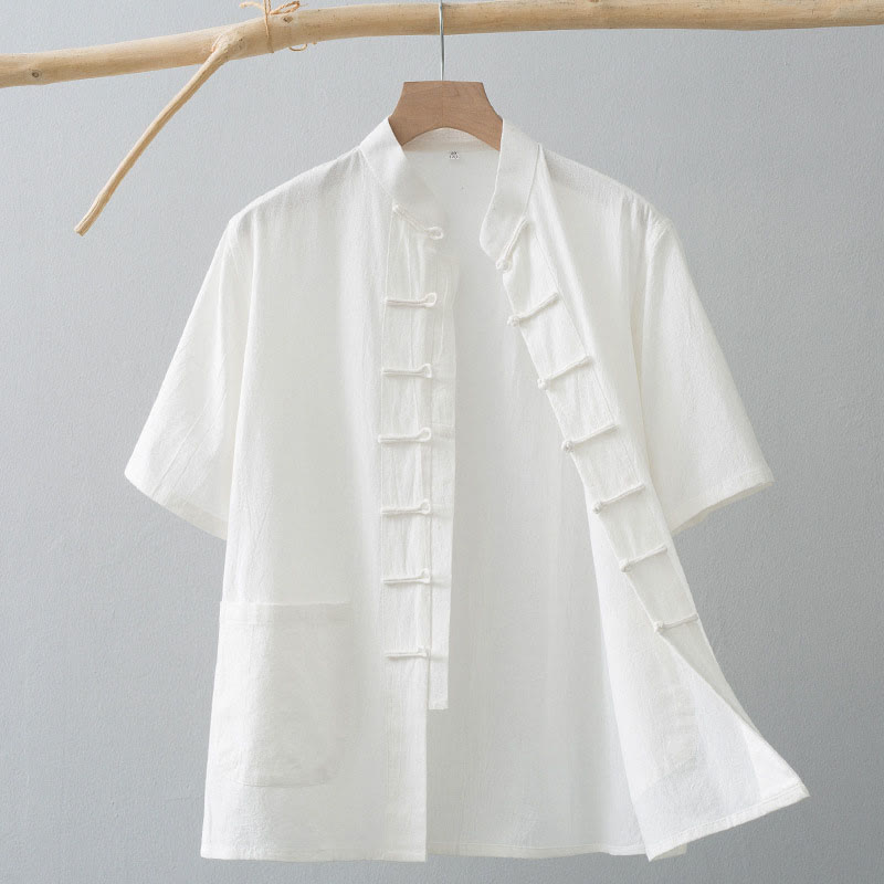 Tactile Cotton Linen Stand Collar Frog Button Meditation Shirt