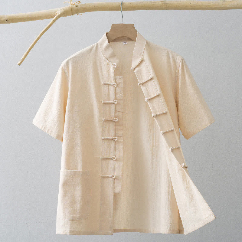 Tactile Cotton Linen Stand Collar Frog Button Meditation Shirt