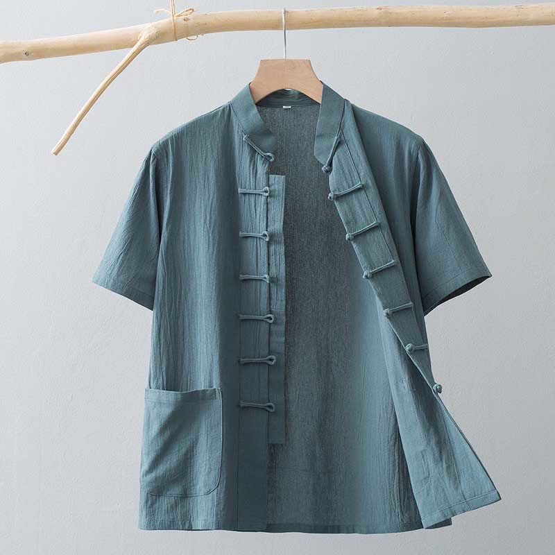 Tactile Cotton Linen Stand Collar Frog Button Meditation Shirt