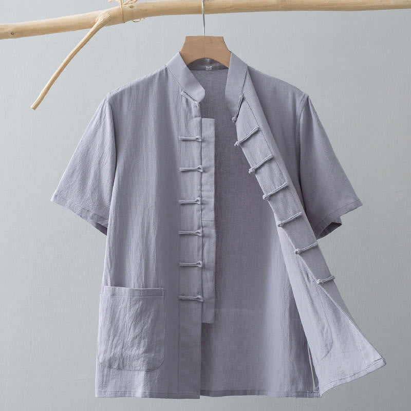 Tactile Cotton Linen Stand Collar Frog Button Meditation Shirt