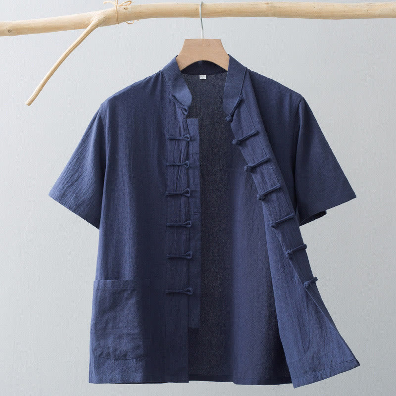 Tactile Cotton Linen Stand Collar Frog Button Meditation Shirt