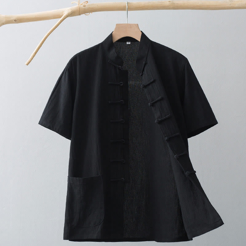 Tactile Cotton Linen Stand Collar Frog Button Meditation Shirt