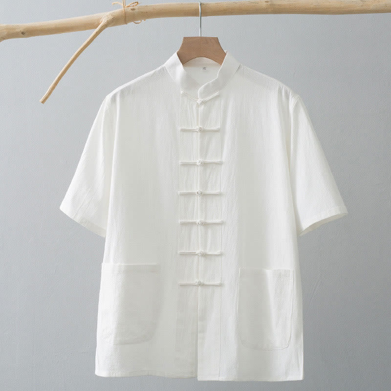 Tactile Cotton Linen Stand Collar Frog Button Meditation Shirt