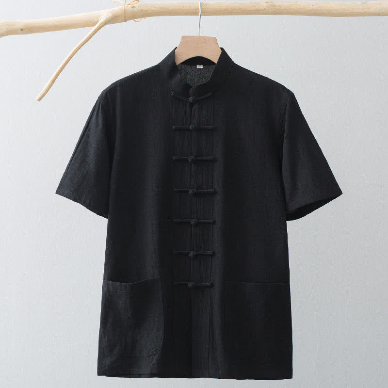 Tactile Cotton Linen Stand Collar Frog Button Meditation Shirt