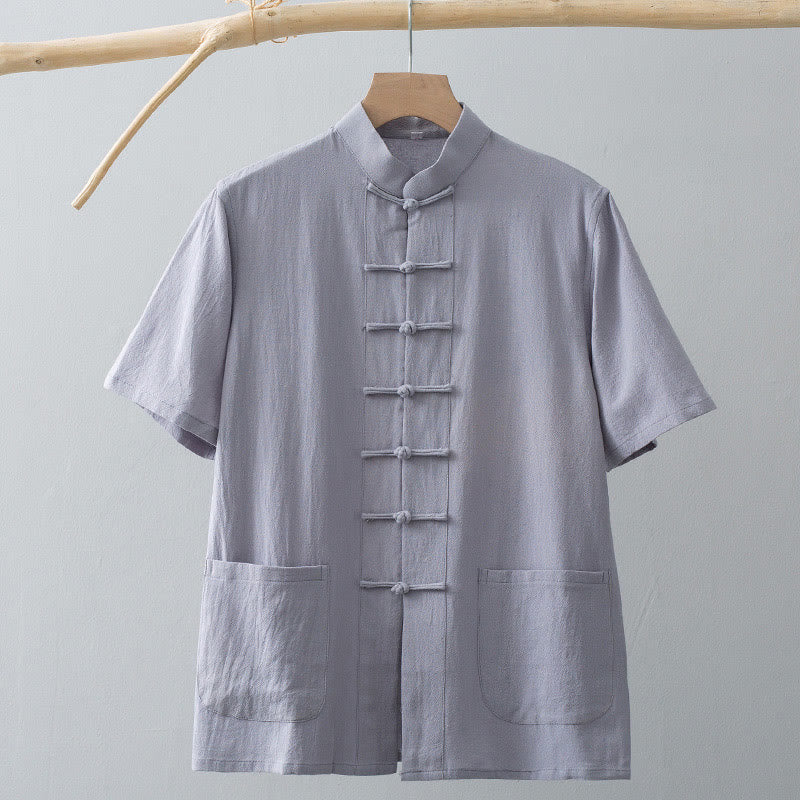 Tactile Cotton Linen Stand Collar Frog Button Meditation Shirt
