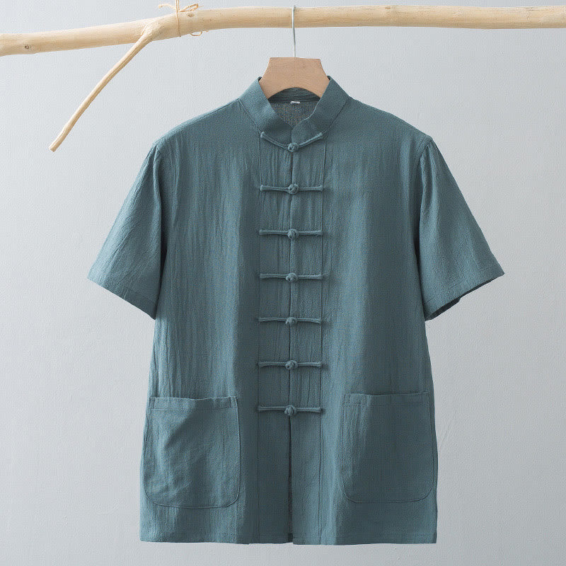 Tactile Cotton Linen Stand Collar Frog Button Meditation Shirt