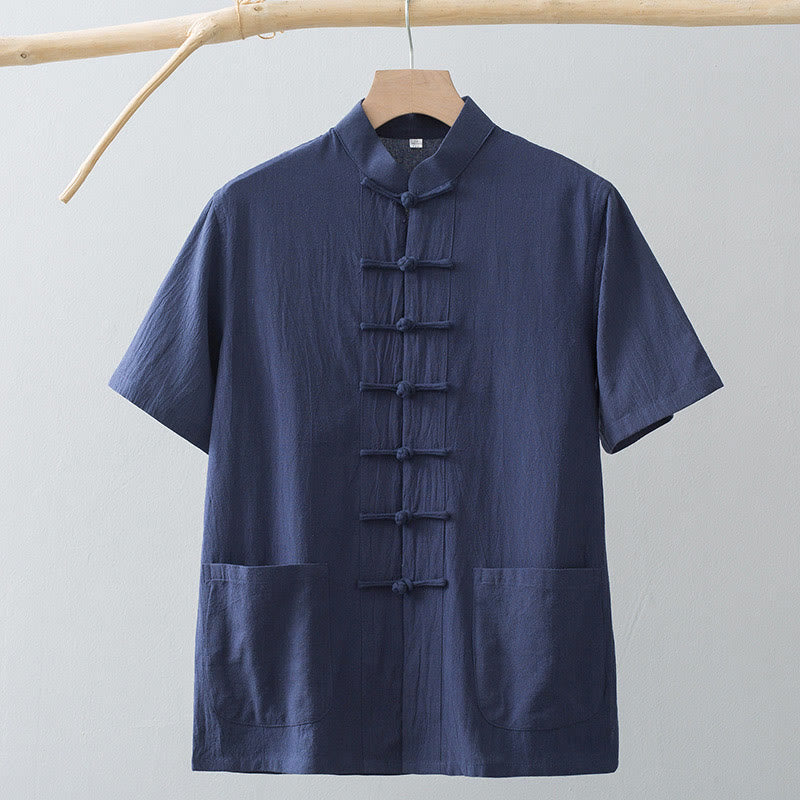 Tactile Cotton Linen Stand Collar Frog Button Meditation Shirt